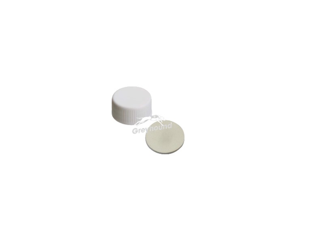 Picture of 20-400mm Solid Top Screw Cap, White Polypropylene with Grey PTFE/Cream Butyl Septa, 1.3mm